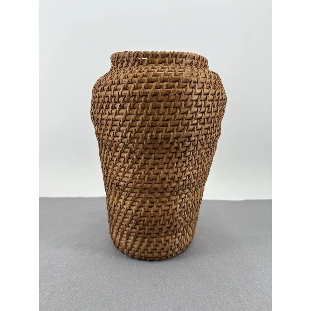 Vintage Handwoven Rattan Vase Boho Rustic Farmhouse 11.5”H Brown Tall